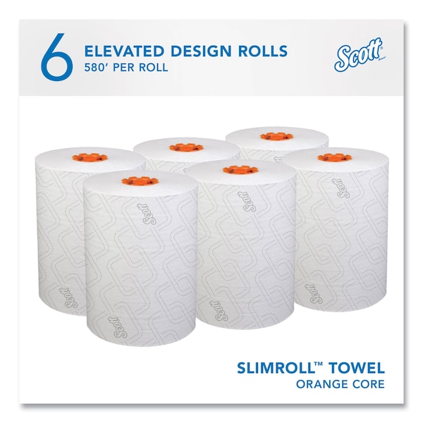 Scott Slimroll Towels, 1-Ply, 8 in. x 580 ft, White/Orange Core, 6 Roll/Carton, 6PK - 47035