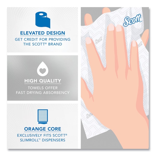 Scott Slimroll Towels, 1-Ply, 8 in. x 580 ft, White/Orange Core, 6 Roll/Carton, 6PK - 47035