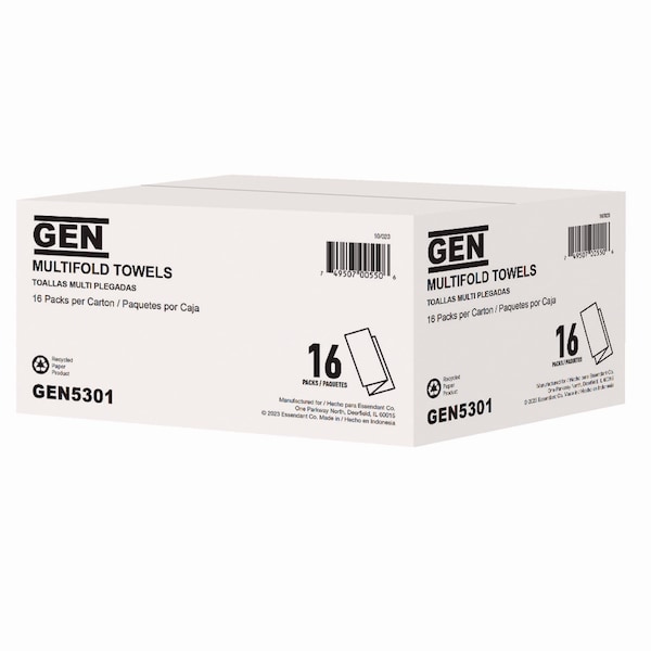 Gen Multifold Towels, 1-Ply, 9.25 x 9.05, White, 250/Pack, 16PK - 5301