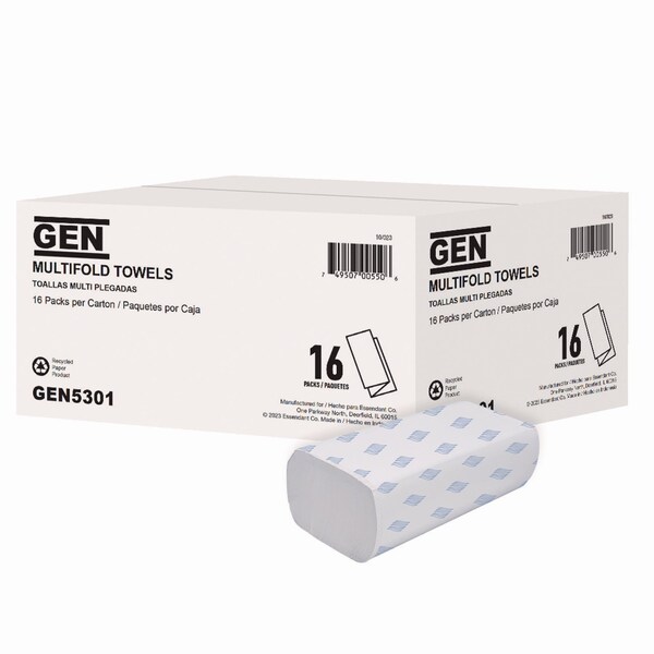 Gen Multifold Towels, 1-Ply, 9.25 x 9.05, White, 250/Pack, 16PK - 5301