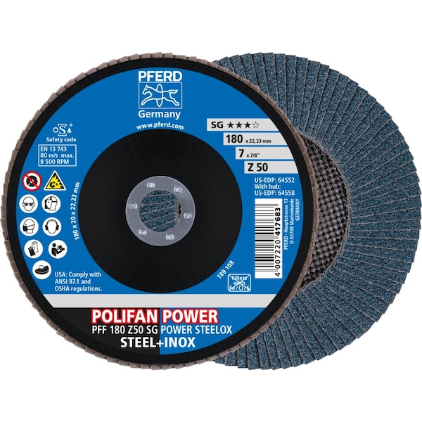 Disco de láminas Pferd, 7''x7/8, Z SG POWER STEELOX, 50 Grit, T27, Plano, Zirconia - 64552