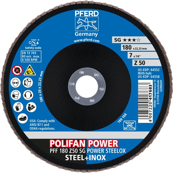 Disco de láminas Pferd, 7''x7/8, Z SG POWER STEELOX, 50 Grit, T27, Plano, Zirconia - 64552