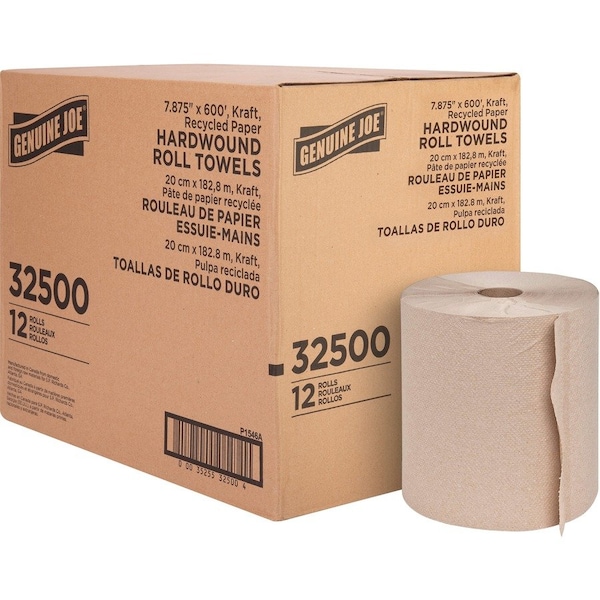 Genuine Joe Embossed Hardwound Roll Towels - 7.88in x 600' - Kraft, 12PK - GJO32500