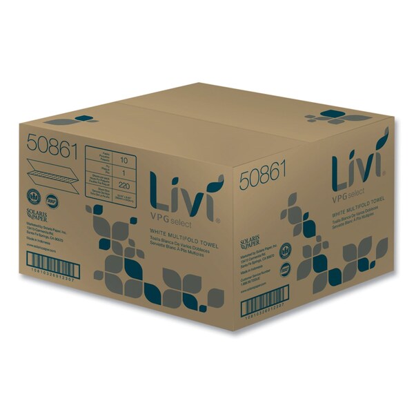 Livi Vpg Select Multifold Towel, 1-Ply, 9.45 x 10.55, White, 220 Sheets/Pack, 10 Packs/Carton, 2200PK - 50861