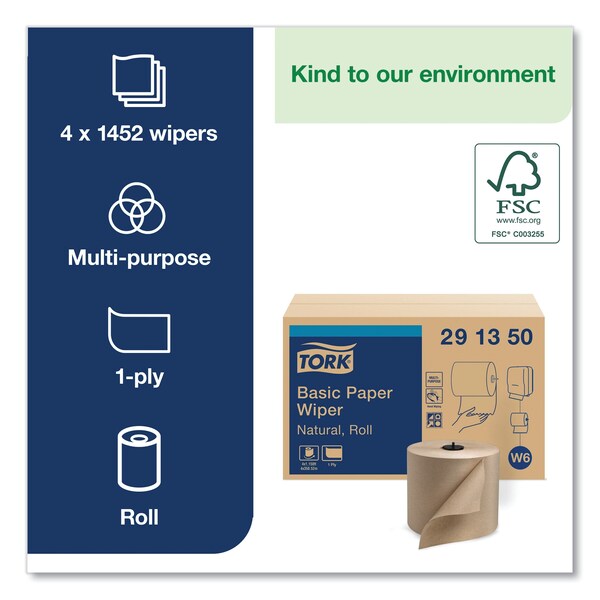 Tork Tork Basic Paper Wiper Natural W6, Roll Towel, 4 x 1452 Sheets, 291350 - 291350