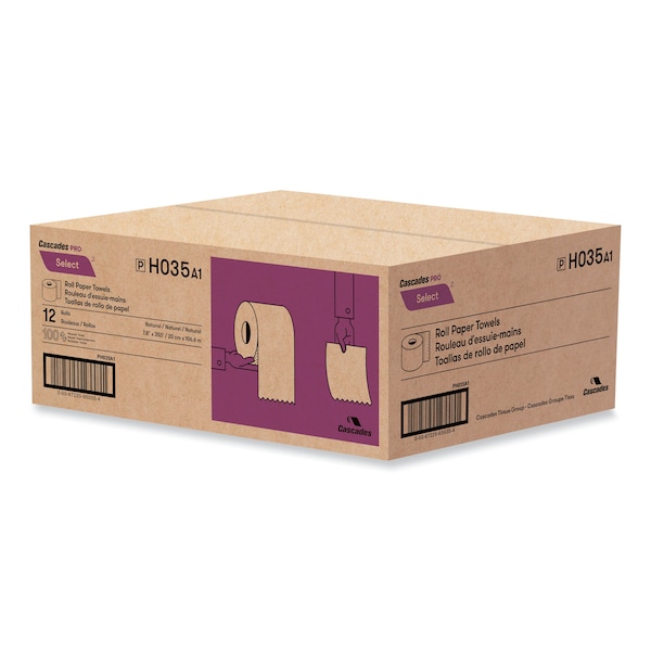 Cascades Pro Select Hardwound Roll Towels, 1-Ply, 7.88 in. x 350 ft, Natural, 12PK - H035