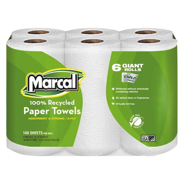 Marcal U-Size-It Perforated Roll Paper Towels, 2 Ply, 140 Sheets, White, 24 PK - 6181