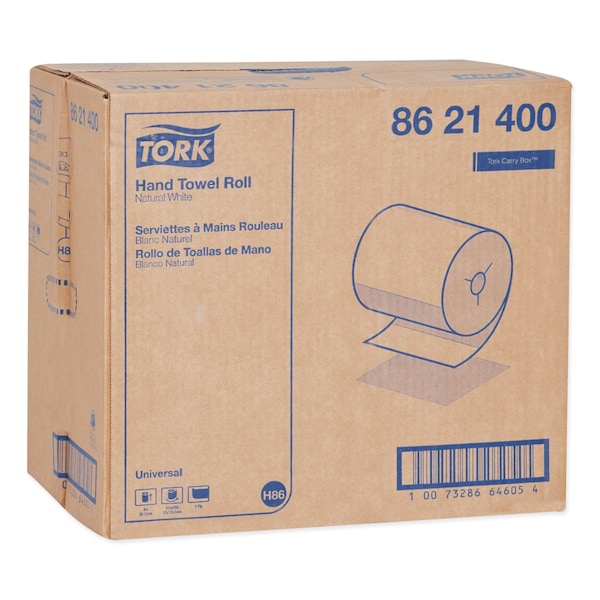 Tork Universal Hand Towel Roll, Notched, 1-Ply, 8in x 425 ft, Natural White, 12PK - 8621400