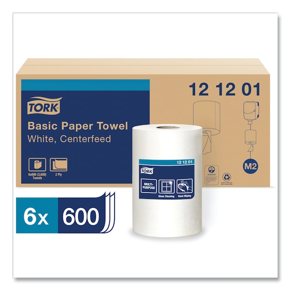 Tork Tork Basic Centerfeed Paper Wiper White M2, High Absorbency, 6 x 600 Sheets, 121201 - 121201