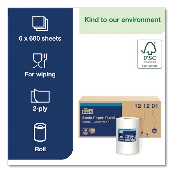Tork Tork Basic Centerfeed Paper Wiper White M2, High Absorbency, 6 x 600 Sheets, 121201 - 121201