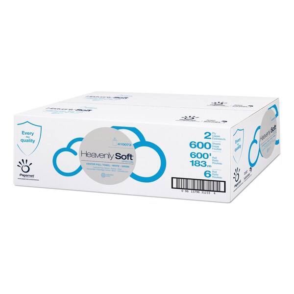 Papernet Heavenly Soft Special Center Pull Towel, 2-Ply, 7.6 x 12, White, 600 Sheets/Roll, 6PK - 410073