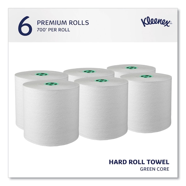 Kleenex Hard Roll Paper Towels w/ Premium Absorbency Pockets, Green Core, 1-Ply, 7.5 in.x700 ft, White, 6PK - 25630