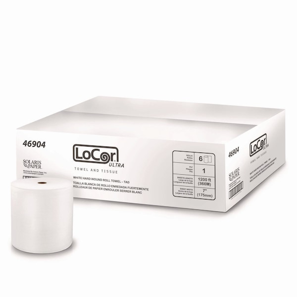 Locor Hard Wound Roll Towel, TAD, 1-Ply, 7in x 1,200 ft, White, 6PK - 46904