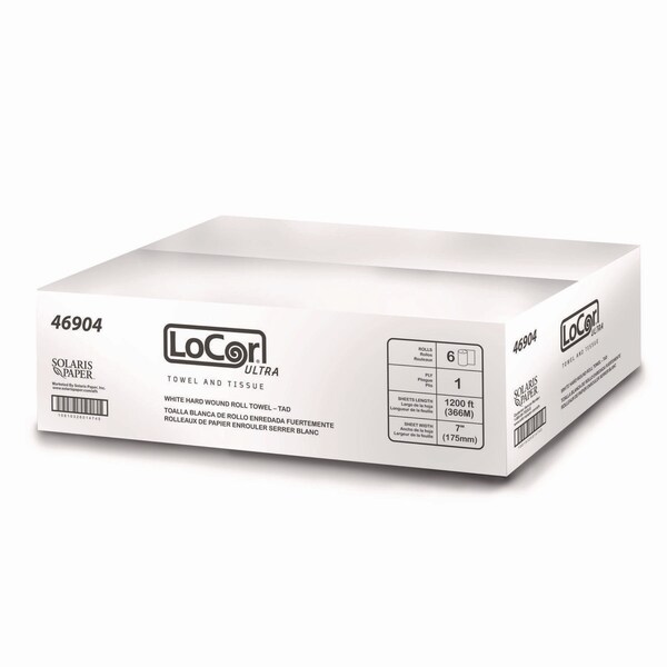 Locor Hard Wound Roll Towel, TAD, 1-Ply, 7in x 1,200 ft, White, 6PK - 46904