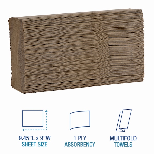 Boardwalk Multifold Paper Towel, 1 Ply, 250 Sheets, 9.45", Natural, 16 PK - B6202