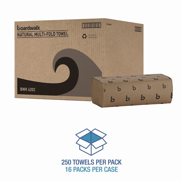 Boardwalk Multifold Paper Towel, 1 Ply, 250 Sheets, 9.45", Natural, 16 PK - B6202