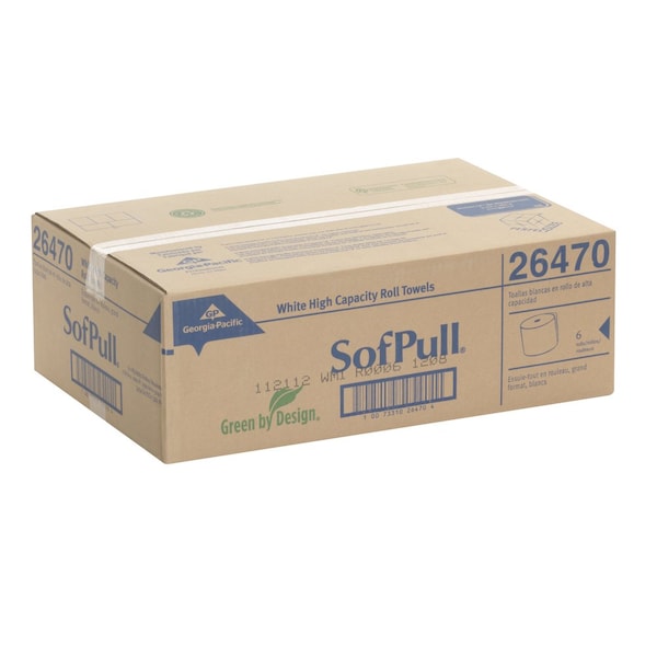 Georgia-Pacific Sofpull Hardwound Paper Towels, 1 Ply, Continuous Roll Sheets, 1000 ft, White, 6 PK - 26470