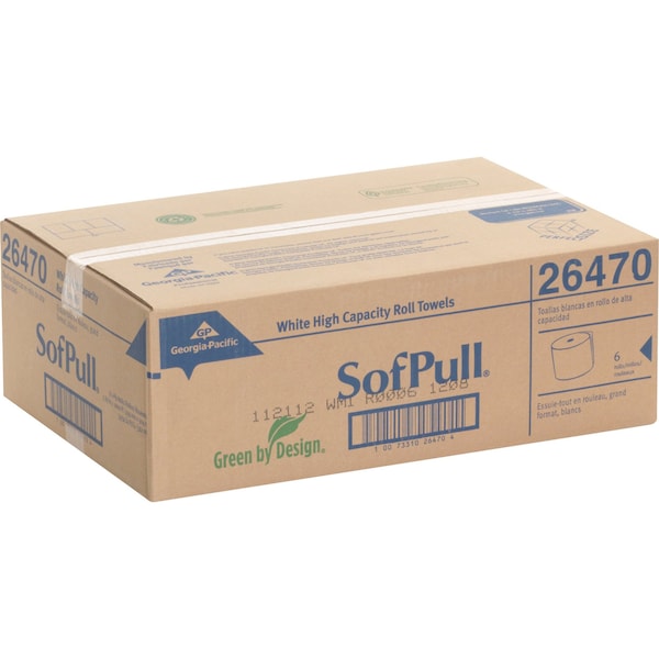 Georgia-Pacific Sofpull Hardwound Paper Towels, 1 Ply, Continuous Roll Sheets, 1000 ft, White, 6 PK - 26470