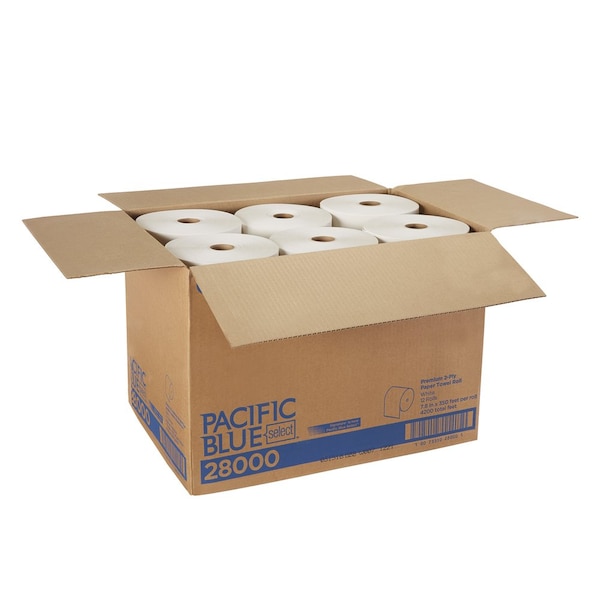 Georgia-Pacific Pacific Blue Select Hardwound Paper Towels, 2 Ply, Continuous Roll Sheets, 350 ft, White, 12 PK - 28000