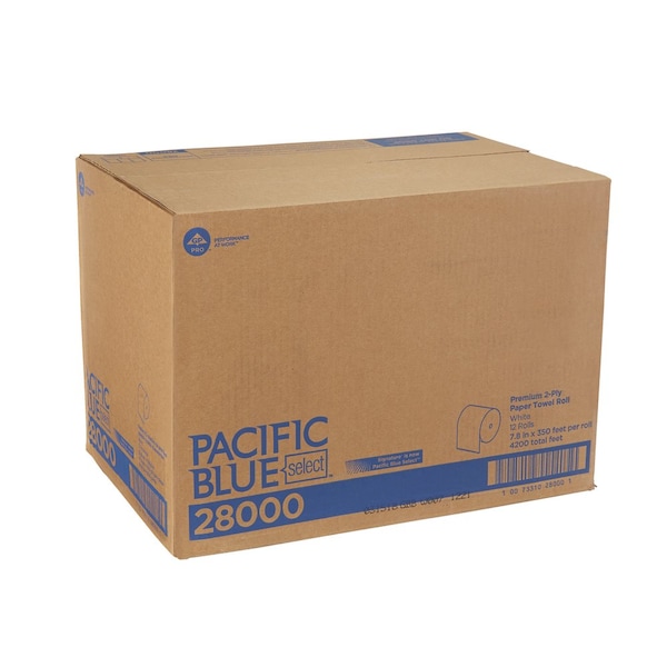 Georgia-Pacific Pacific Blue Select Hardwound Paper Towels, 2 Ply, Continuous Roll Sheets, 350 ft, White, 12 PK - 28000