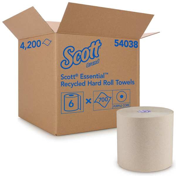 Kimberly-Clark Professional Essential 100% Recycled Brown Hard Roll Towels for Purple Core Dispensers, (700'/Roll, 6 Rolls/Case) - 54038