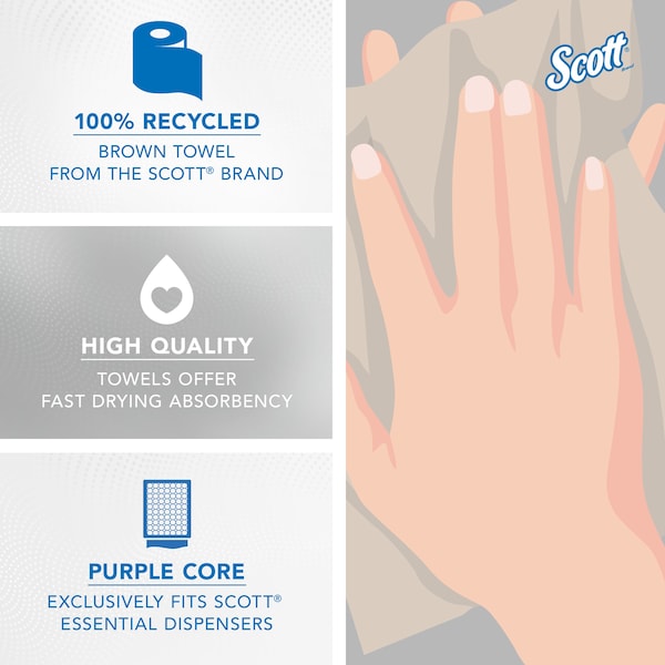 Kimberly-Clark Professional Essential 100% Recycled Brown Hard Roll Towels for Purple Core Dispensers, (700'/Roll, 6 Rolls/Case) - 54038