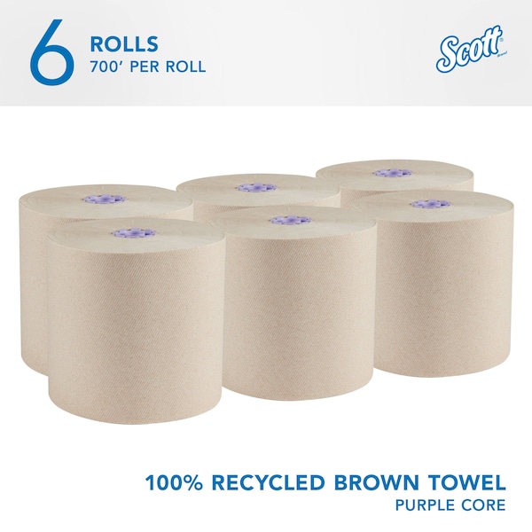 Kimberly-Clark Professional Essential 100% Recycled Brown Hard Roll Towels for Purple Core Dispensers, (700'/Roll, 6 Rolls/Case) - 54038