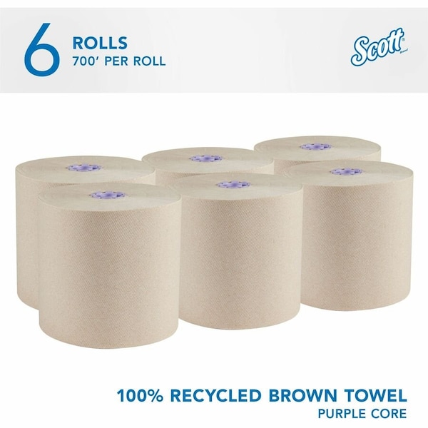 Kimberly-Clark Professional Essential 100% Recycled Brown Hard Roll Towels for Purple Core Dispensers, (700'/Roll, 6 Rolls/Case) - 54038