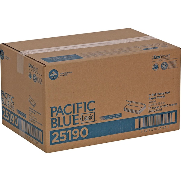 Georgia-Pacific Pacific Blue Basic C-Fold Paper Towels, 1 Ply, 240 Sheets, White, 10 PK - 25190