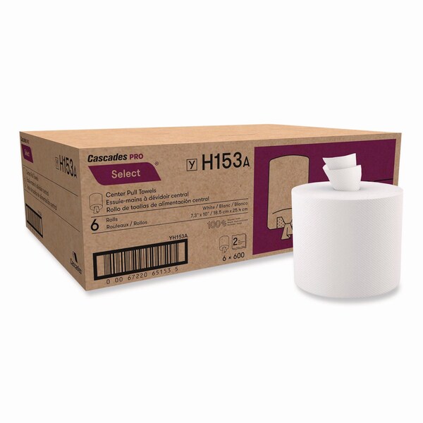 Cascades Pro Select Center-Pull Paper Towels, 2-Ply, 7.3in x 10in, White, 600/Roll, 6PK - H153