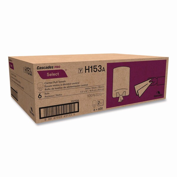 Cascades Pro Select Center-Pull Paper Towels, 2-Ply, 7.3in x 10in, White, 600/Roll, 6PK - H153