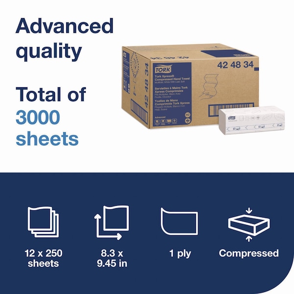 Tork Xpress Compressed Multifold Hand Towels, 1-Ply, 8.3 x 9.25, White, 250 Towels, 12PK - 424834