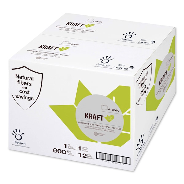 Papernet Heavenly Soft Hardwound Paper Towels, 1 Ply, Continuous Roll Sheets, 600 ft, Brown, 12 PK - 410097