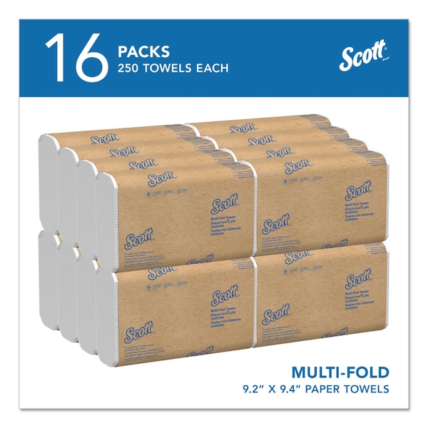 Scott Essential Multifold Paper Towels, 1 Ply, 250 Sheets, White, 16 PK - 1840