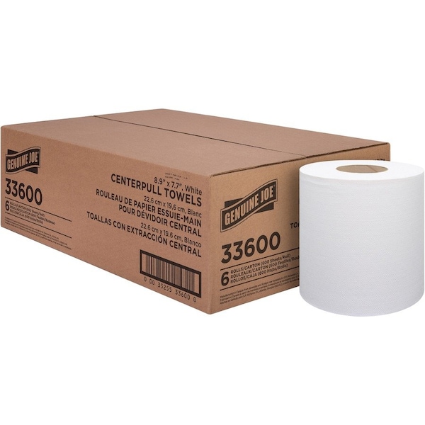 Genuine Joe Centerpull Towel Rolls - White - 600 Sheets Per Roll - 6 / Pack, 6PK - GJO33600