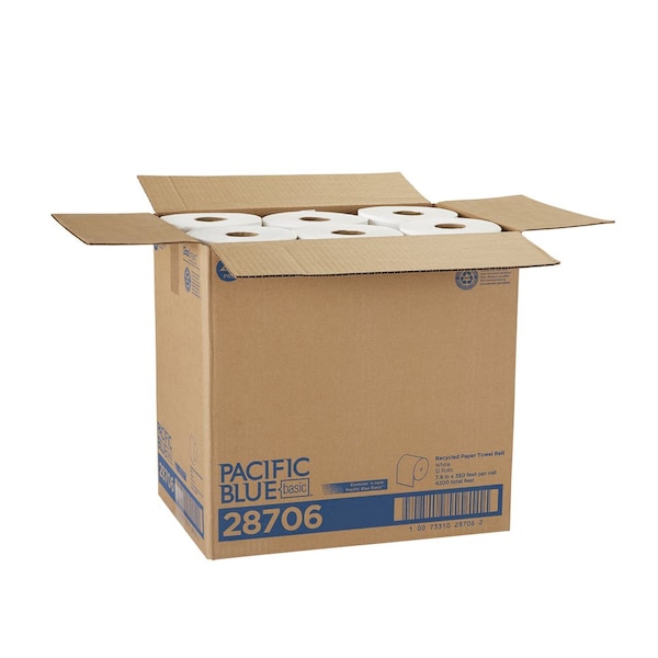 Georgia-Pacific Pacific Blue Basic Hardwound Paper Towels, 1 Ply, Continuous Roll Sheets, 350 ft, White, 12 PK - 28706