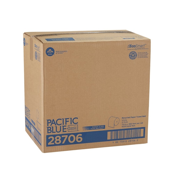 Georgia-Pacific Pacific Blue Basic Hardwound Paper Towels, 1 Ply, Continuous Roll Sheets, 350 ft, White, 12 PK - 28706