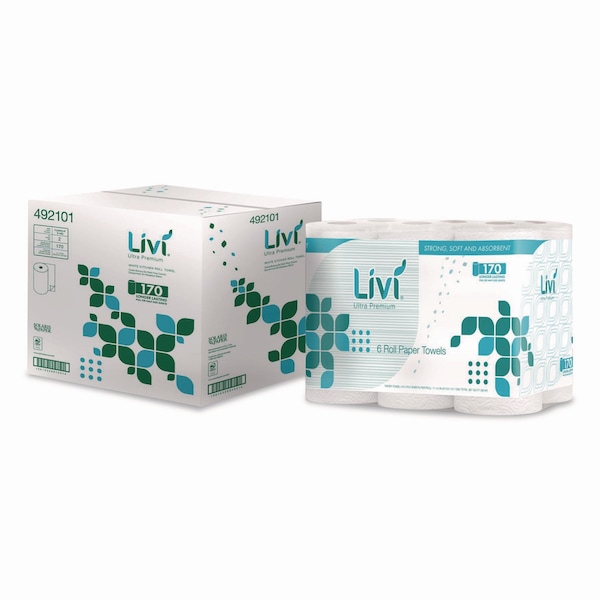 Livi Ultra Premium Kitchen Roll Towel, 2-Ply, 5in x 11in, White, 24PK - 492101