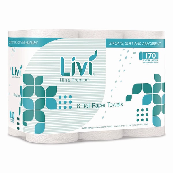 Livi Ultra Premium Kitchen Roll Towel, 2-Ply, 5in x 11in, White, 24PK - 492101