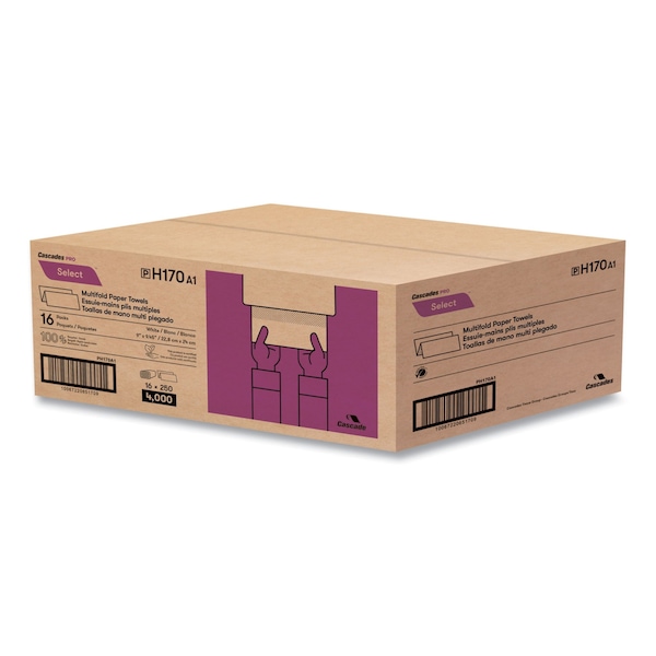 Cascades Pro Select Folded Paper Towels, Multifold, 1-Ply, 9.13 x 9.5, White, 250 Towels, 16PK - H170