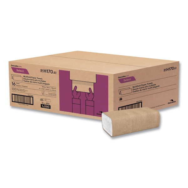 Cascades Pro Select Folded Paper Towels, Multifold, 1-Ply, 9.13 x 9.5, White, 250 Towels, 16PK - H170