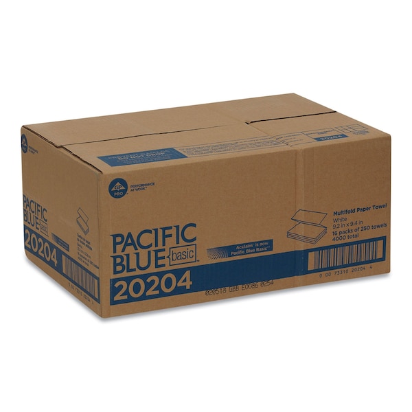 Georgia-Pacific Pacific Blue Basic Folded Paper Towel, 1-Ply, 9.2 x 9.4, White, 250 Towels, 16PK - 20204