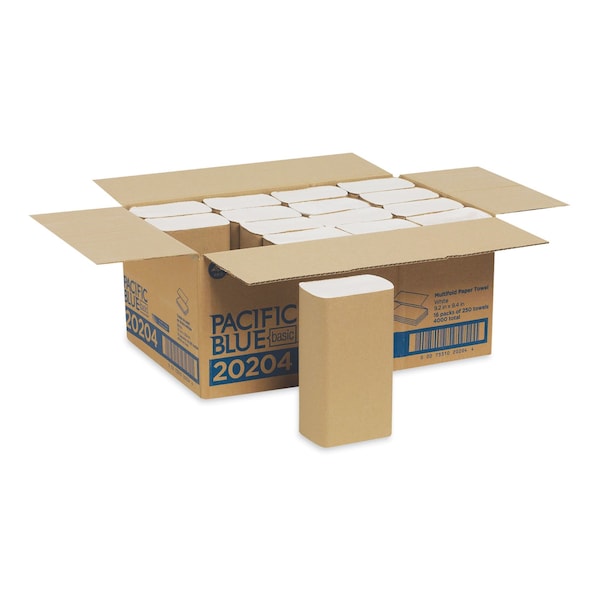 Georgia-Pacific Pacific Blue Basic Folded Paper Towel, 1-Ply, 9.2 x 9.4, White, 250 Towels, 16PK - 20204