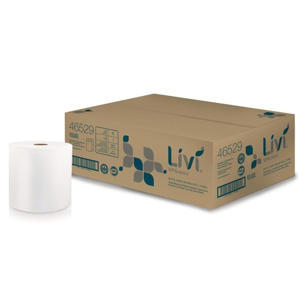 Livi Vpg Select Hard Wound Roll Towel, 1-Ply, 8 in. x 800 ft, White, 6PK - 46529