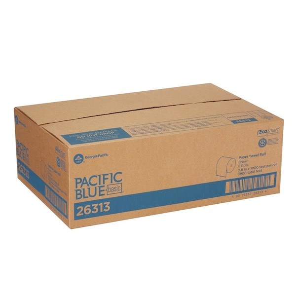 Georgia-Pacific Pacific Blue Basic Hardwound Paper Towels, 1 Ply, Continuous Roll Sheets, 1,000 ft, Brown, 6 PK - 26313