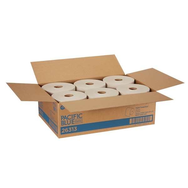 Georgia-Pacific Pacific Blue Basic Hardwound Paper Towels, 1 Ply, Continuous Roll Sheets, 1,000 ft, Brown, 6 PK - 26313