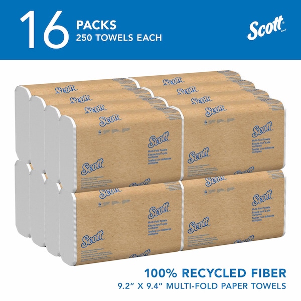 Kimberly-Clark Professional 100% Recycled Fiber Multifold Paper Towels, 9.2" x 9.4", Compact Case, (250 Sheets/Pack, 16 Packs) - 01807