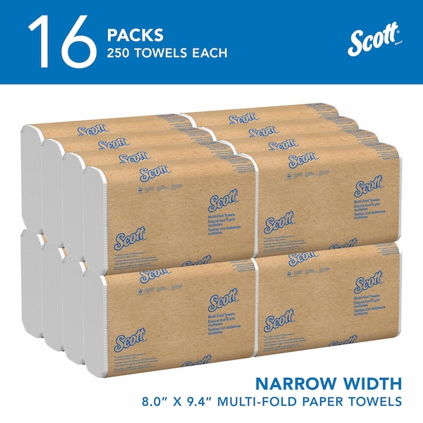 Kimberly-Clark Professional Multifold Narrow Width Paper Towels, 8.0" x 9.4" Sheets, Compact Case (250 Sheets/Pack, 16 Packs) - 37490