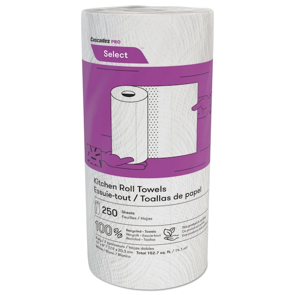 Cascades Pro Select Perforated Roll Paper Towels, 2 Ply, 250 Sheets, 8", White, 12 PK - K250