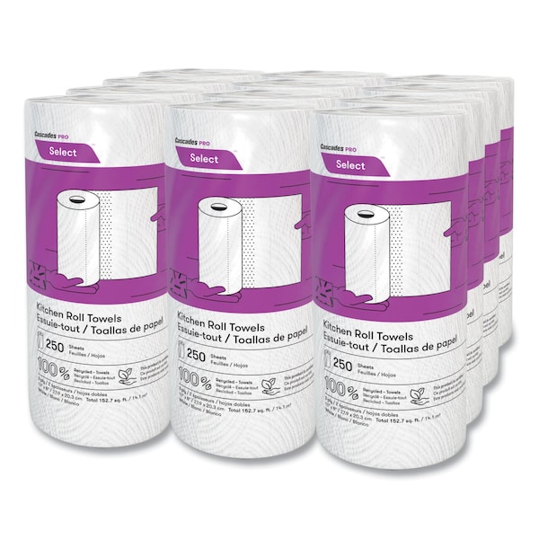 Cascades Pro Select Perforated Roll Paper Towels, 2 Ply, 250 Sheets, 8", White, 12 PK - K250